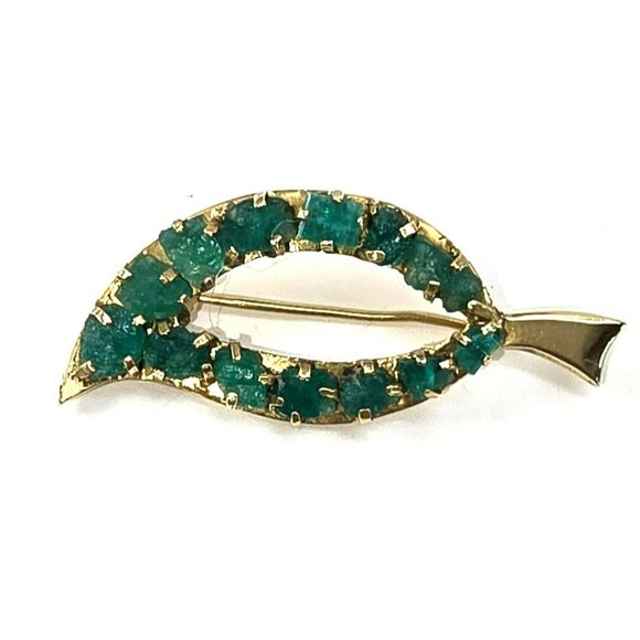 Raw Emerald Brooch Pin 18k Yellow Gold Leaf Shape Vintage Artisan STUNNING LI613 - Picture 8 of 15